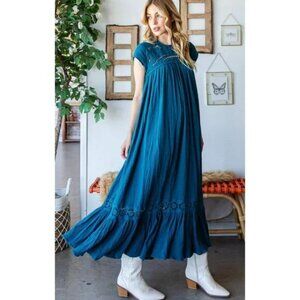 Oli & Hali Gauzy Backless Teal Maxi Dress with Floral Cut Outs Size L